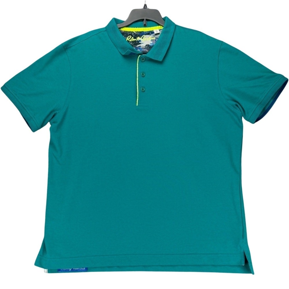 Robert Graham Men's XL Classic Fit Golf Polo Shirt Teal Neon Yellow Cotton Blend